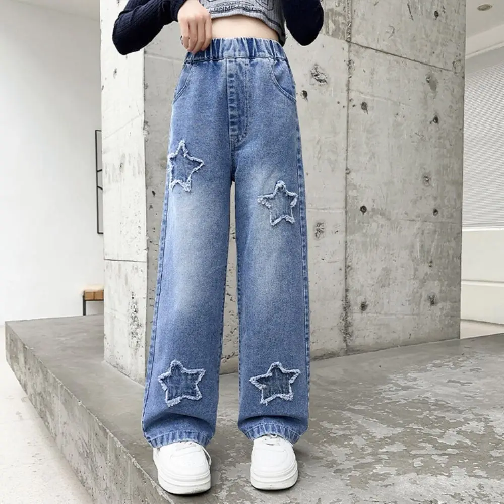 Ins Embroidered Stars Teens Girl Jeans Loose Wide Leg Children Y2K Jeans Cowboy Pants High Waist Girls Denim Trousers Girls Gift