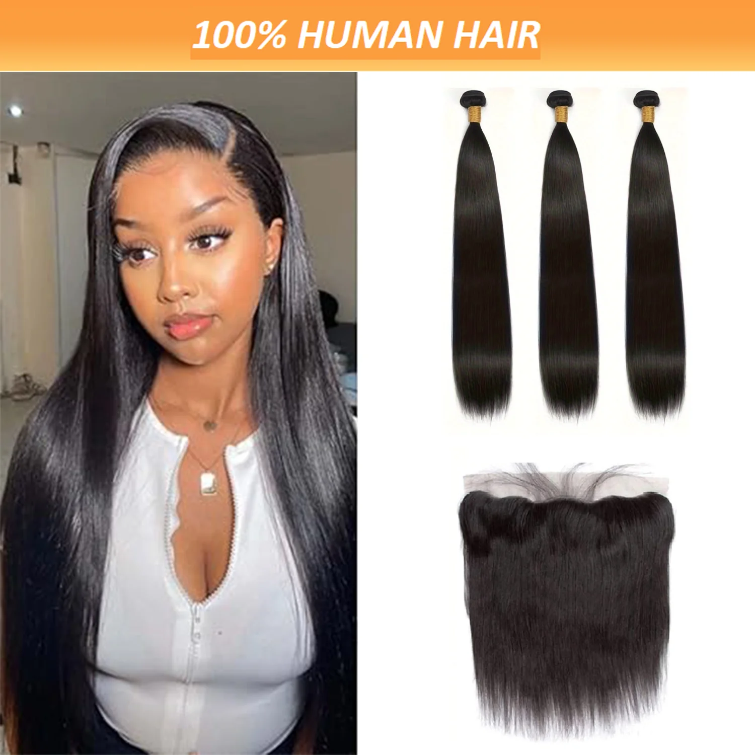 Straight 3 Bundles Human Hair with Frontal Human Hair Bundles with Frontal Brazilian Virgin Weave 13x4 Lace