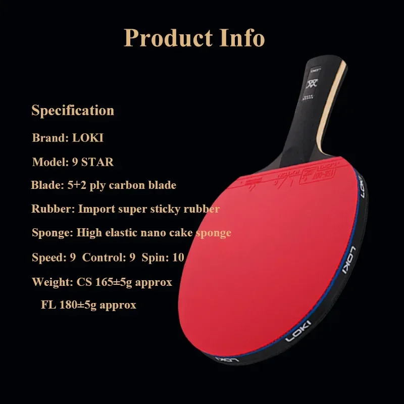 LOKI 9 Star Super Sticky Table Tennis Racket Carbon Blade PingPong Bat Competition Ping Pong Paddle for Fast Attack and Loop