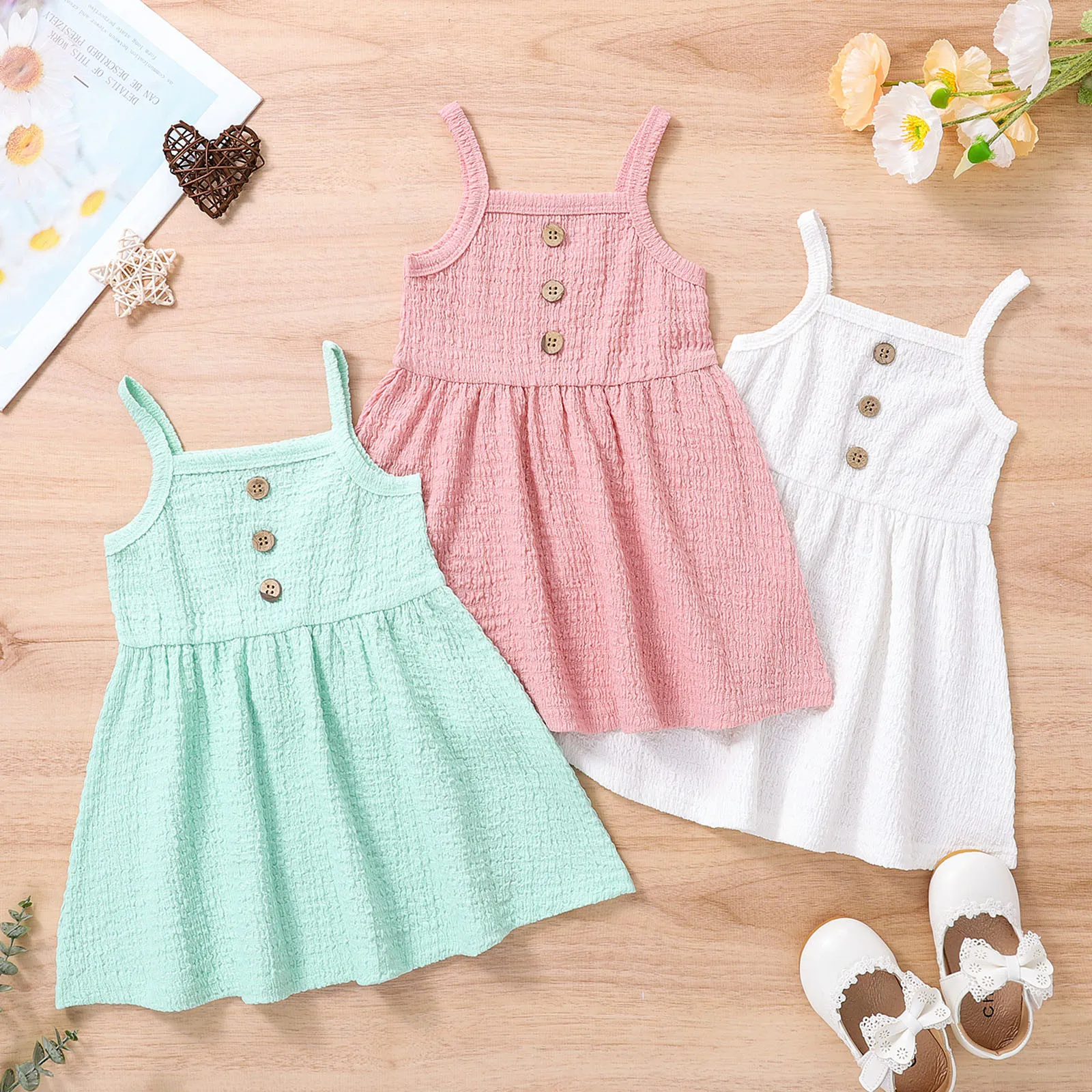 

0-3Y Baby Girl Dresses Summer Sleeveless Solid Color Button Suspenders Dress Kids Breathable Toddler Girl Clothes Beach Sundress