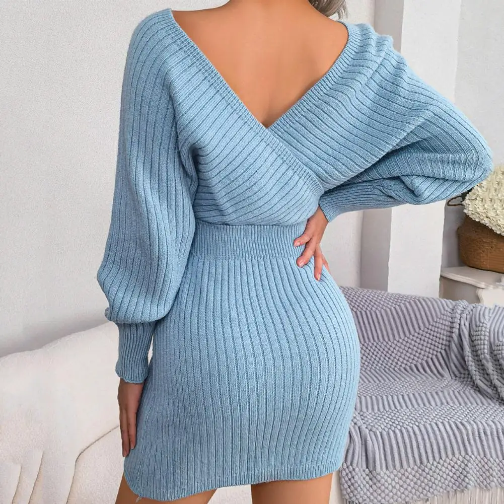 

Popular Mini Dress Cross V Neck Stretchy Knitted Dress Autumn Winter Knitted Ribbed Bodycon Mini Dress