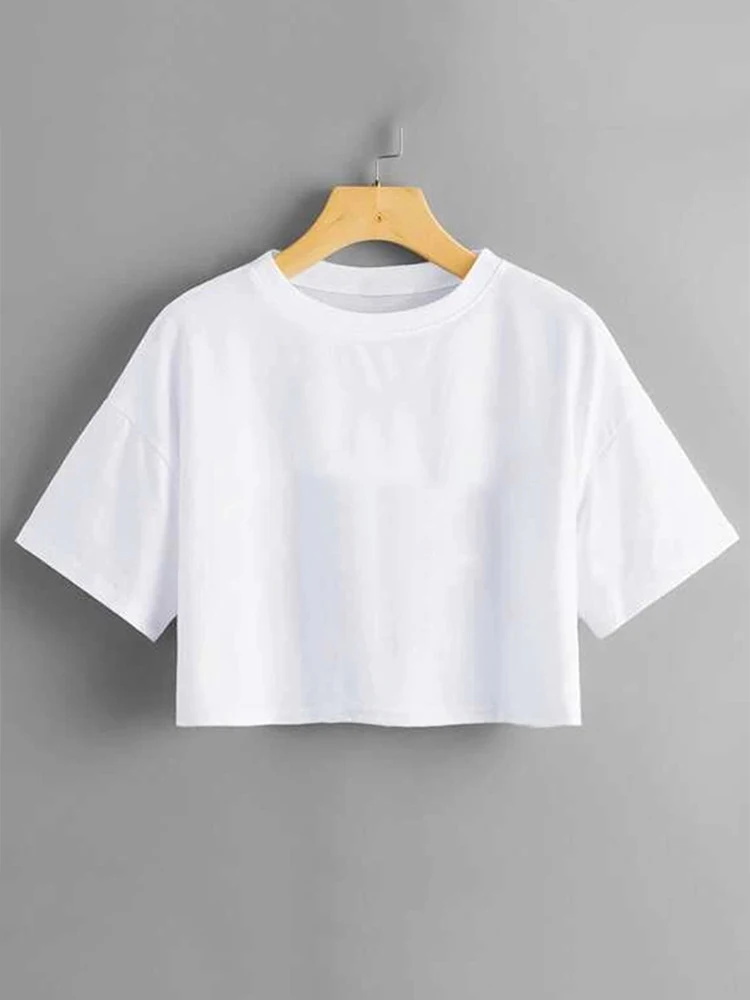 Harajuku Shirt Funny Y2K Women Crop Tops Casual Black Femme Navel T-shirt Round Neck Short Loose Tee Shirt Summer Streetwear 4