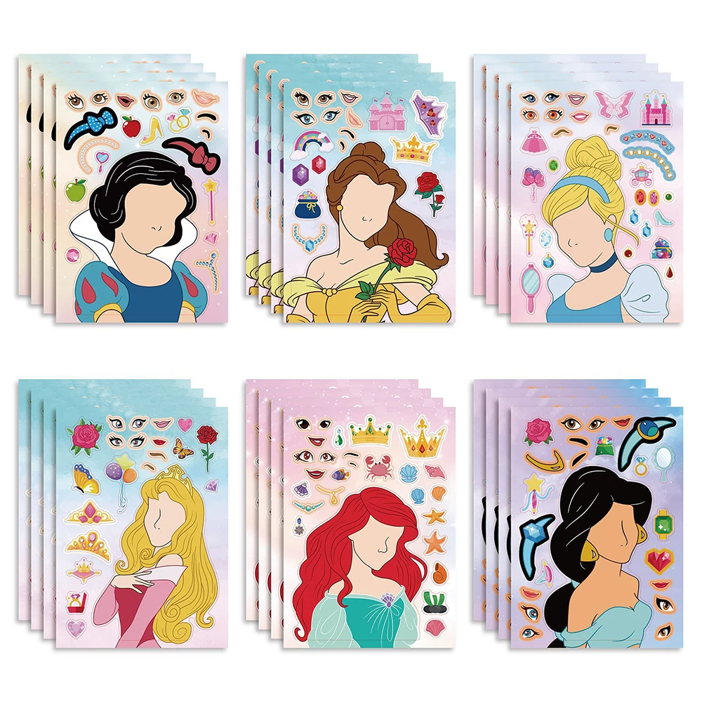 

6/12Sheets Disney Princess Children Puzzle Stickers Make-a-Face Funny Assemble Jigsaw DIY Cartoon Sticker Kids Educational Toys