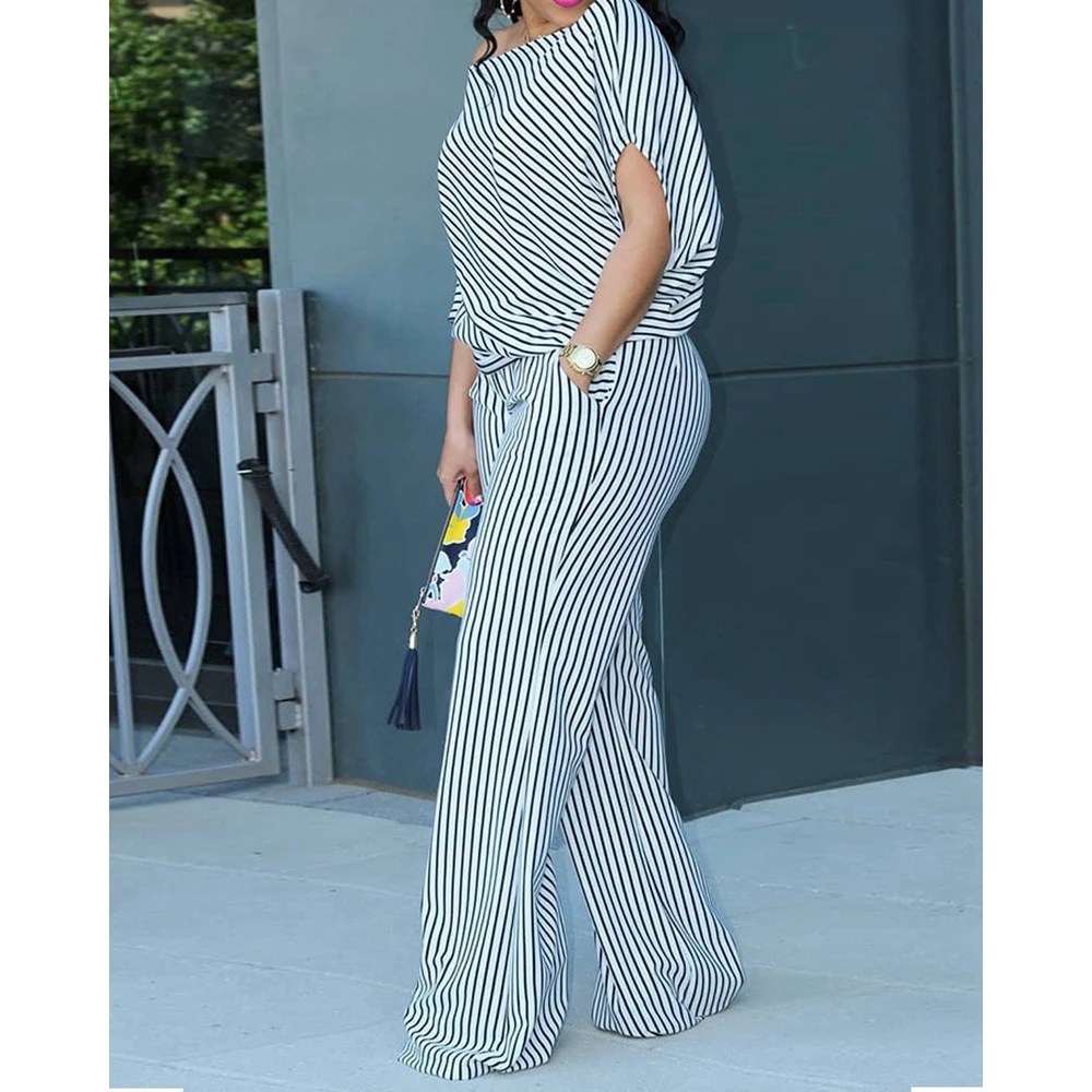 Summer Striped Print Two Pieces Set for Women Skew Collar Short Sleeve Top & Straight Leg Pants Set Korean Style StreetWear