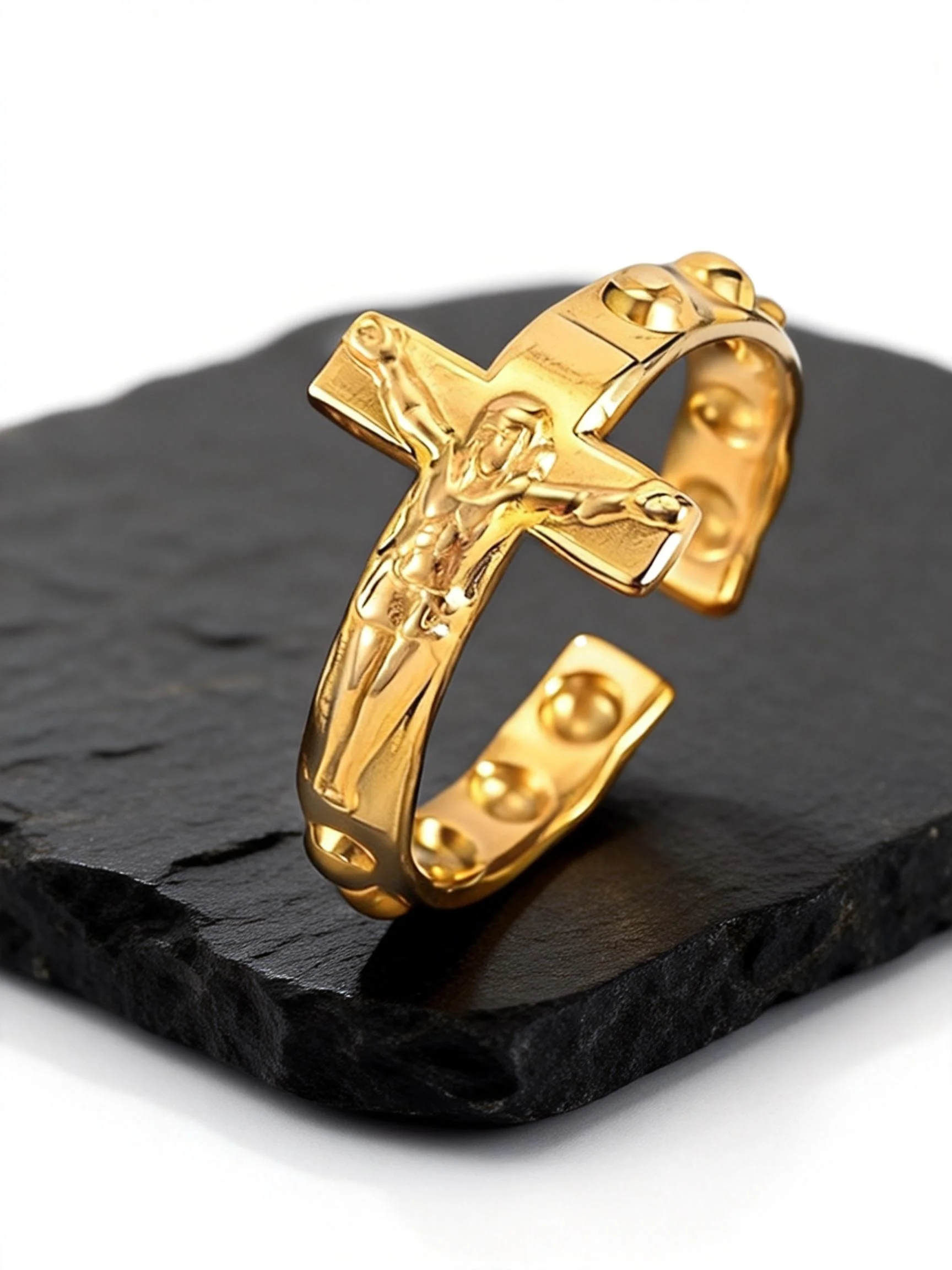 Offener Kreuzring für Männer, Edelstahl Schwarz/Gold/Silber Farbe Jesus Kruzifix Verstellbarer Ring, Punk Glaubensschmuck Geschenk