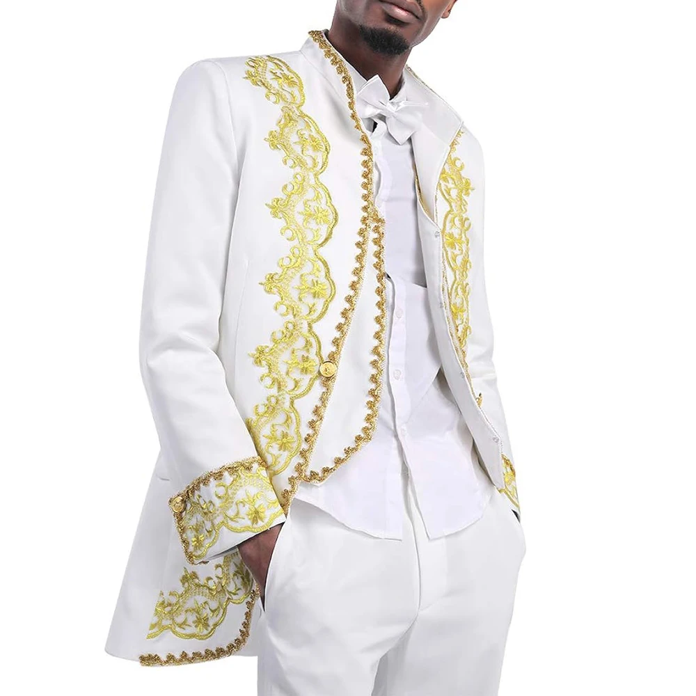 EmbroideredFlowerManSuit3pcsWeddingSetsLongsleevedTopPants