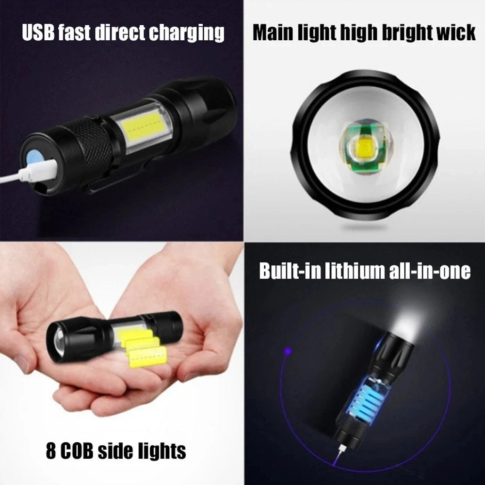휴대용 LED + COB 손전등 미니 낚시 토치, 줌 가능한 초점 조명, 충전식 전술 램프, 캠핑 하이킹 비상 랜턴