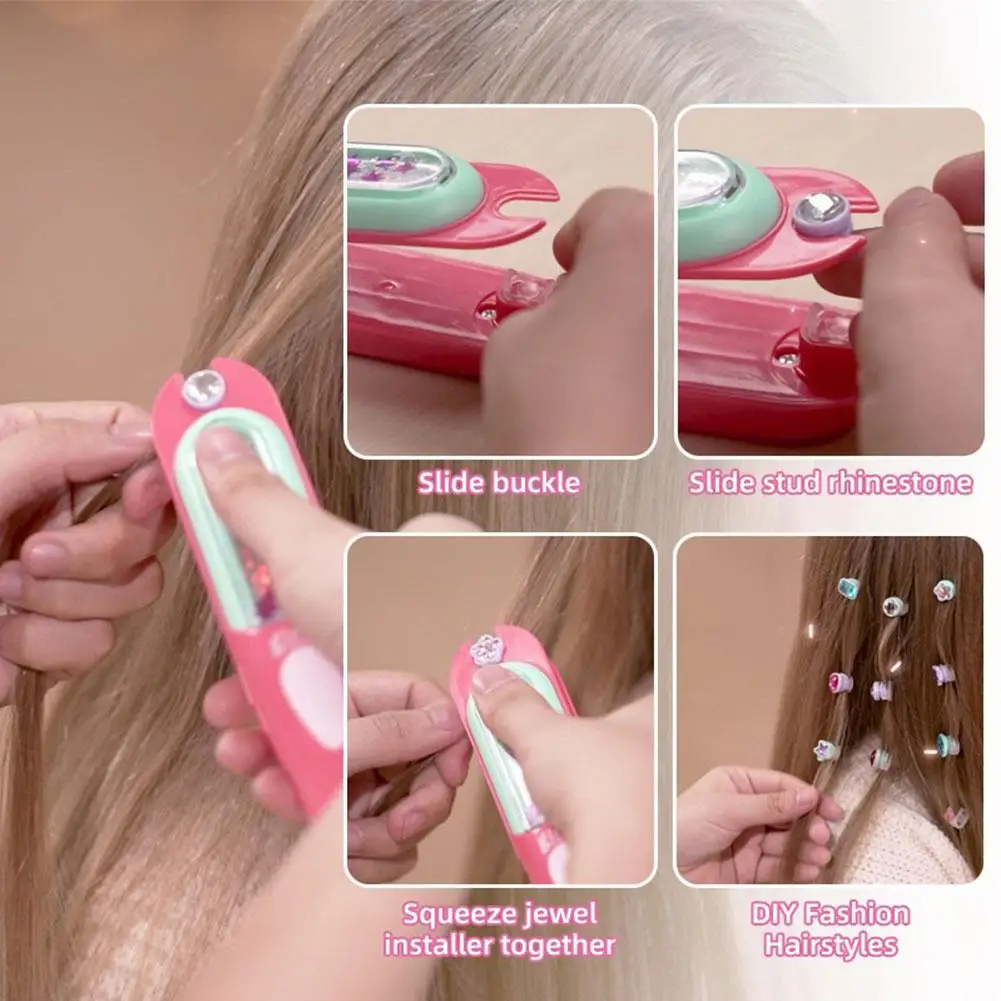 헤어 젬 스탬퍼 키트 반짝이는 헤어 주얼 여자아이 장난감 헤어 스타일링 도구 재사용 가능한 반짝이는 다이아몬드 역할놀이 헤어 액세서리