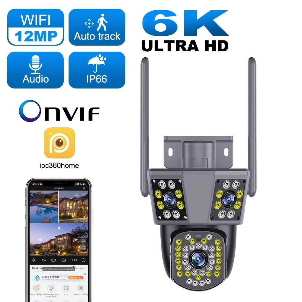 6K 12MP WIFI IP Outdoor Camera Motion Tracking PTZ Video Camera Three Lens Three Screen Waterproof Security System 1