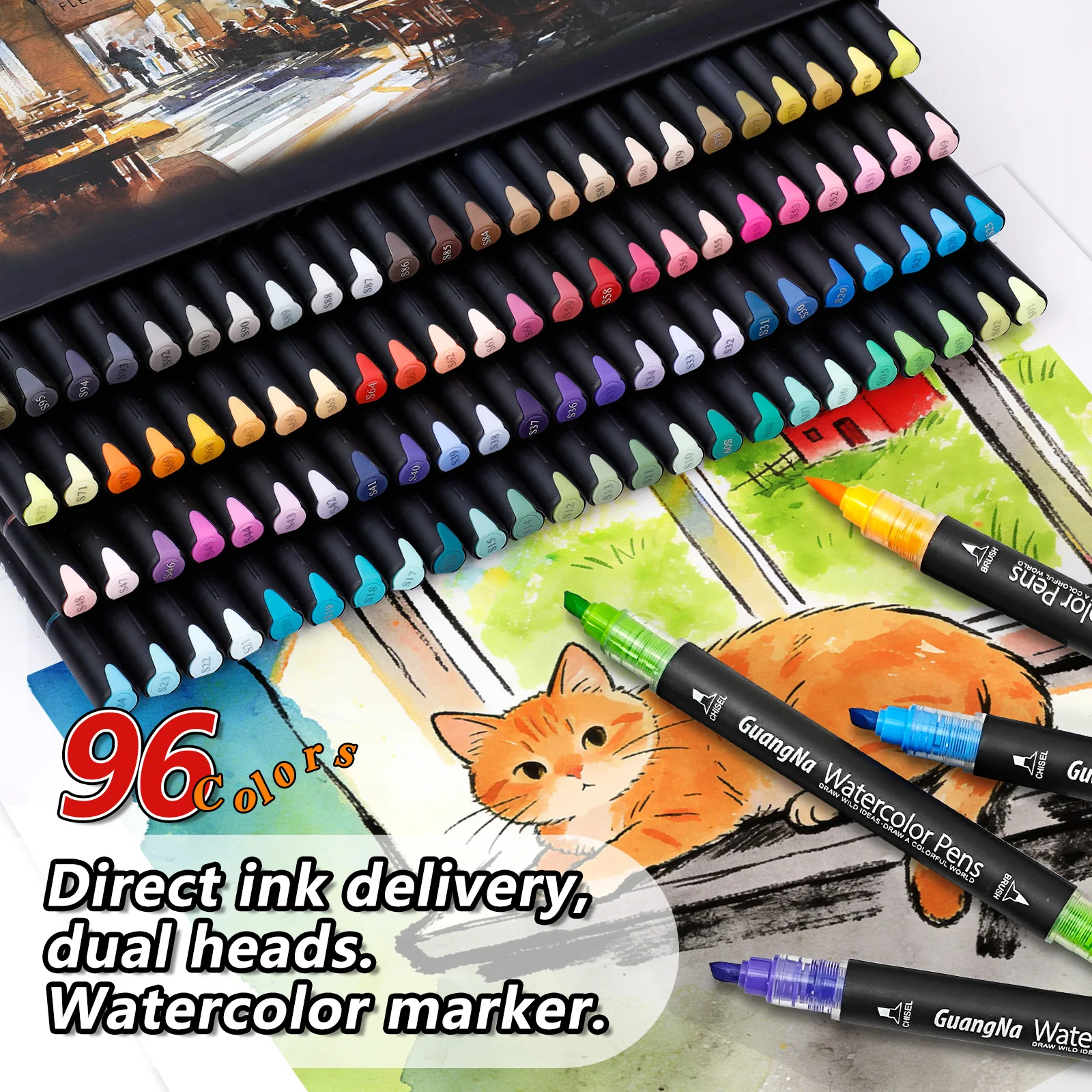 GuangNa 96-teiliges Aquarell-Marker-Set mit Doppelkopf für Kinder & Erwachsene, zum Skizzieren, Illustrieren & Scrapbooking – Detail 1