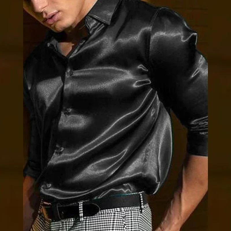 Description Picture 2 of itemSummer men's shirt Long sleeve sleeve shirt Party Evening dress Holiday Top T-shirt Silk red Golden Ceremony top Silk skating co