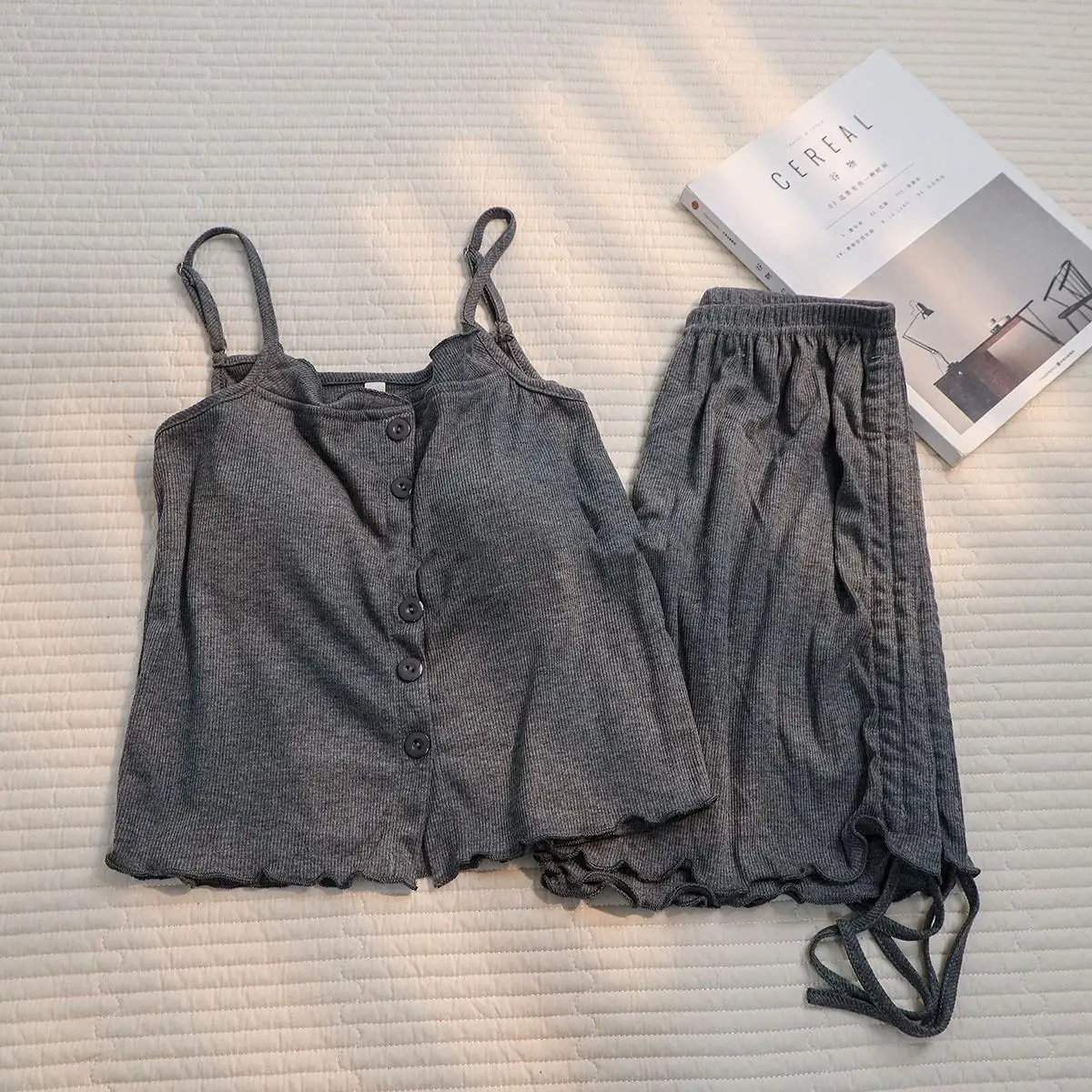 Cotton Camisole Pajama Set With Chest Pads 2 pcs Can be Worn Outside Ins Style Skinny Sweet and Cute Loungewear 2023 NEW