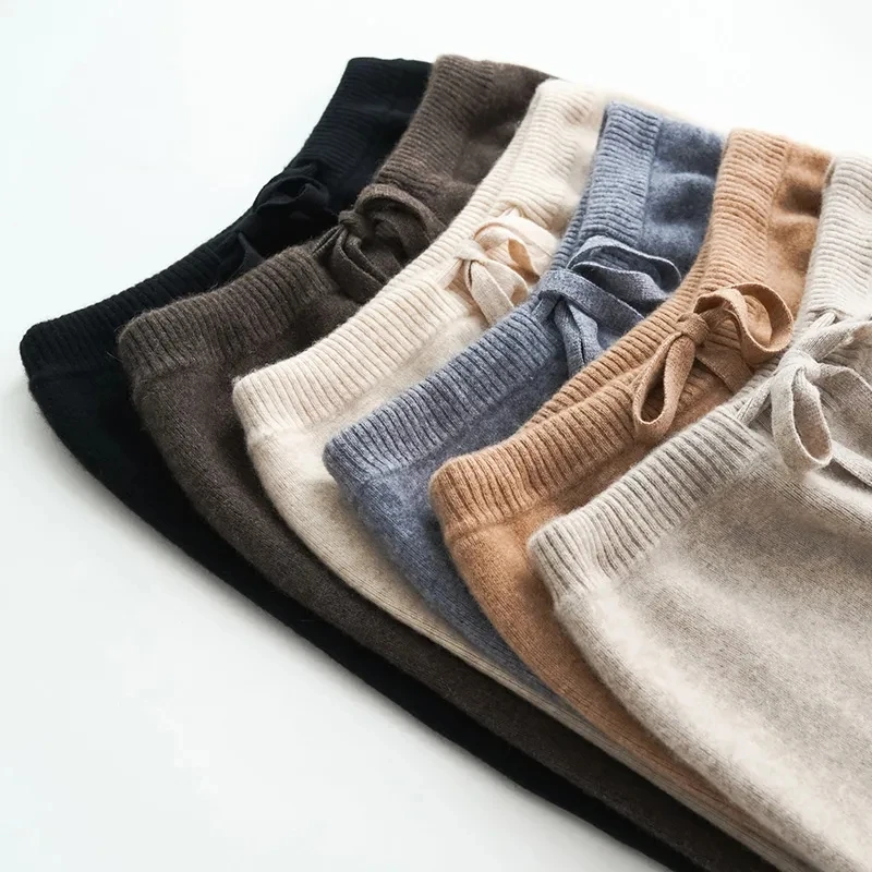 2023 new Winter Knitted Pants for Women Wide Leg High Waisted Trousers Casual Office Ladies Black White Thicken Warm Pants