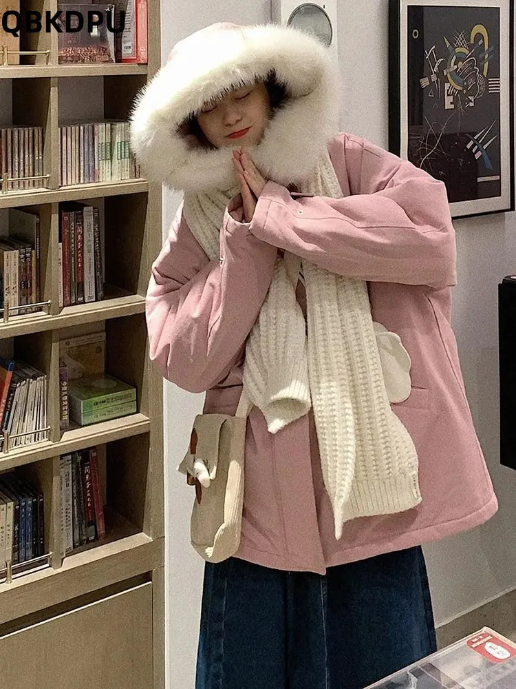 

Свободные зимние женские парки с капюшоном, уличная одежда, теплые хлопковые Casacos, корейские утепленные куртки с меховым воротником, новая мода 2023, Chaquetas