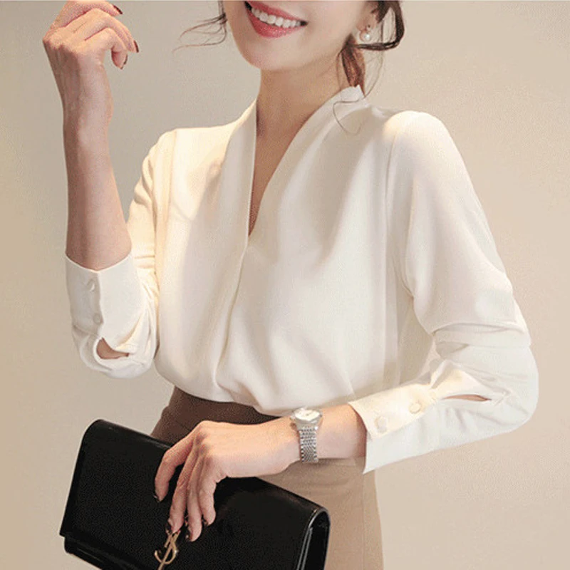 Women Shirts Long Sleeve Solid White Chiffon Office Blouse Women