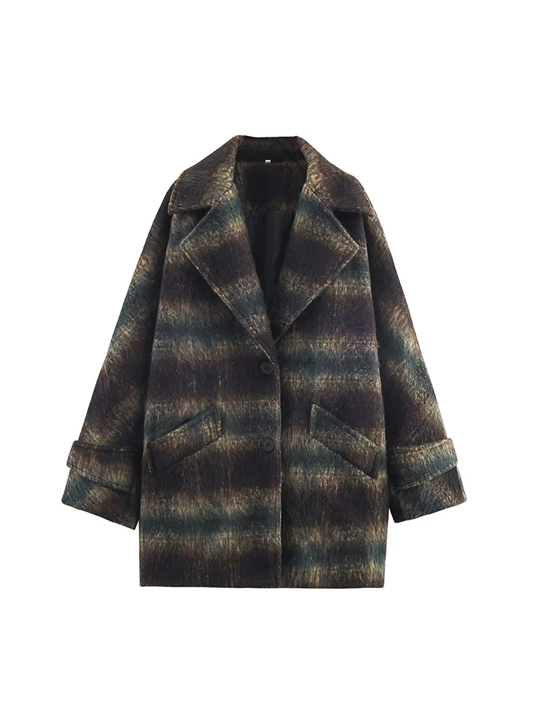 New Women's Woolen Coat 2025 Autumn/Winter Plaid Lapel Loose Fit Long Sleeve Woolen Coat Elegant Lady Commuting Warm Jacket