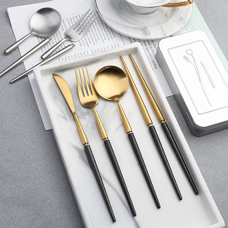 

304 Stainless Steel Portable Tableware Steak Knife Fork Spoon Chopsticks Removable Folding Tableware