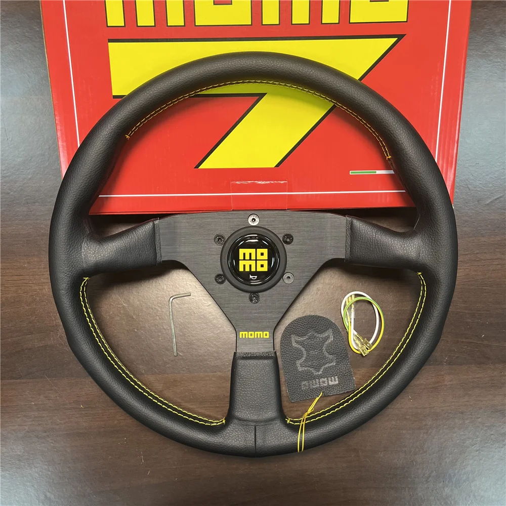 

14inch/350mm For momo Italy Black Genuine Leather Drift Sport Steering Wheel Yellow line Flat modified steering wheel
