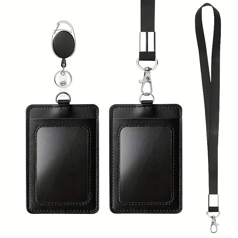 Card Holder Fashion PU Leather Set Women Men Student Retractable Badge Reel ID Cover Case Nurse Badge Lanyards