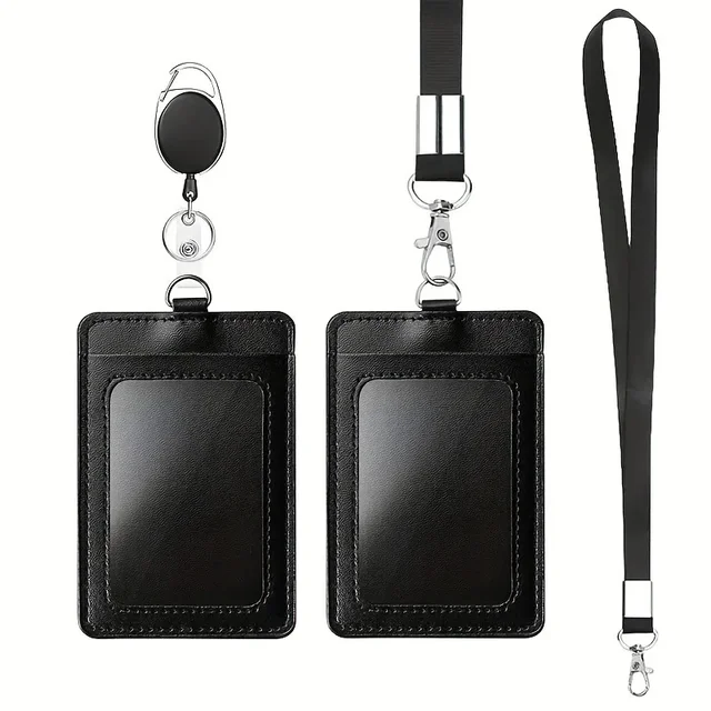 Porta carte di credito in pelle PU moda Set Donna Uomo Studente Porta badge retrattile Porta carte d'identità Custodia per badge da infermiera Cordini 1