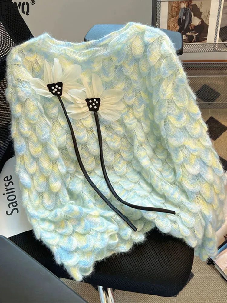 

UCXQ Fashion Sweet 3D Floral Knitted Basic Pullover Sweater Women's Long Sleeve Contrast Color Jumper 2024 Spring Winter 23A6746