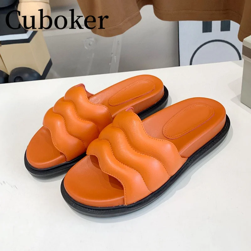 

2023 Summer Leather Slippers Thick Bottom Orange Slides Open Toe Causal Flat Shoes Home Mules Vacation Beach Slippers Women