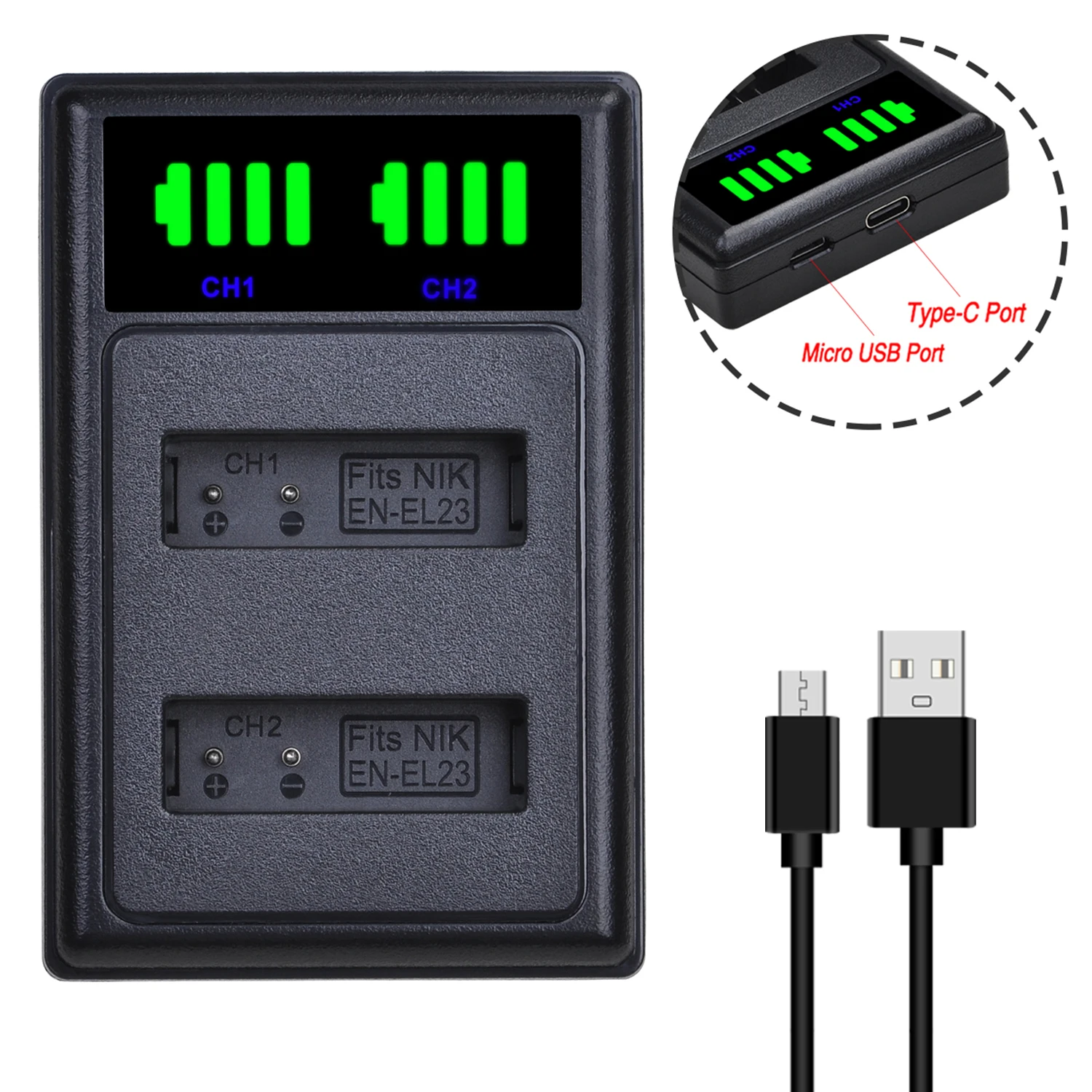 Lot De 2 Batteries EN-EL23 1850mAh + Chargeur Double Pour Nikon Coolpix B700 P600 P610 P900