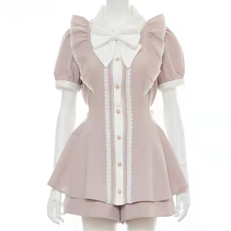 Mine Mass-Produced Bow Pearl Lace Stitching Lolita Short Sets Summer New Fashion Sweet Y2k Slim-Fit Pink Elegant Dress Women