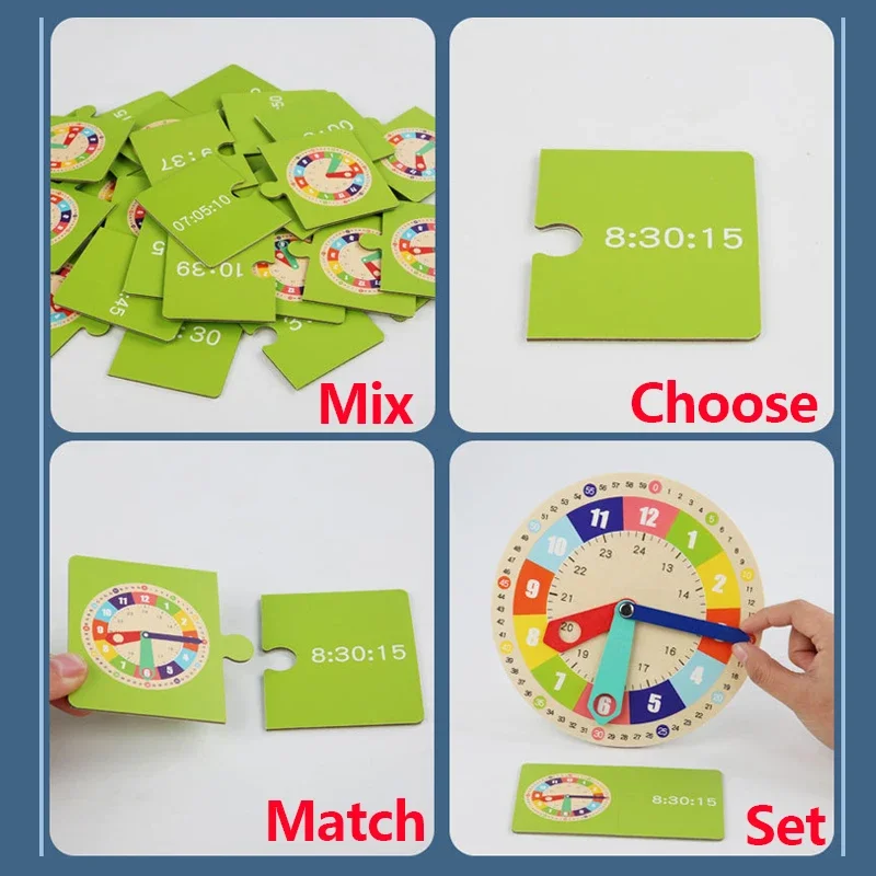 wooden clock toys educational toys Wooden Clock Model Teaching Aid Montessori Learning Clocks with Cards Kindergartner Toy for Game Interaction Playroom Wall