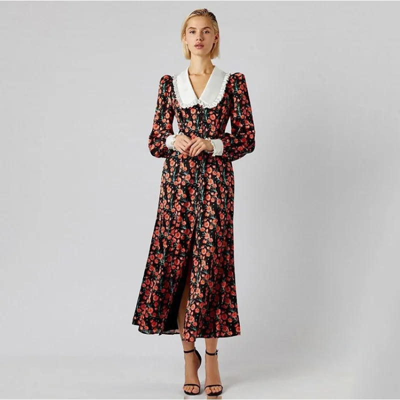 

Early Spring Dignified Sense of Design Printed Long Dress Doll Collar Tight Waist Slimming New Long Sleeve DressWlj
