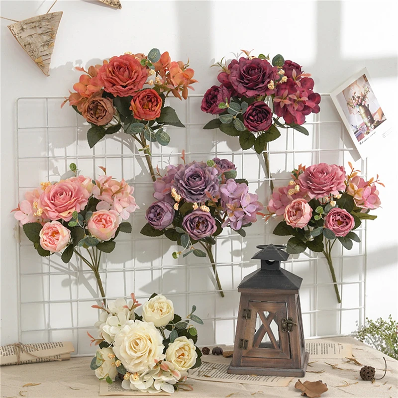 

Beautiful Hydrangea Roses Artificial Flowers For Home Wedding Decorations Autumn Bouquet Mousse Peony Fake Flower