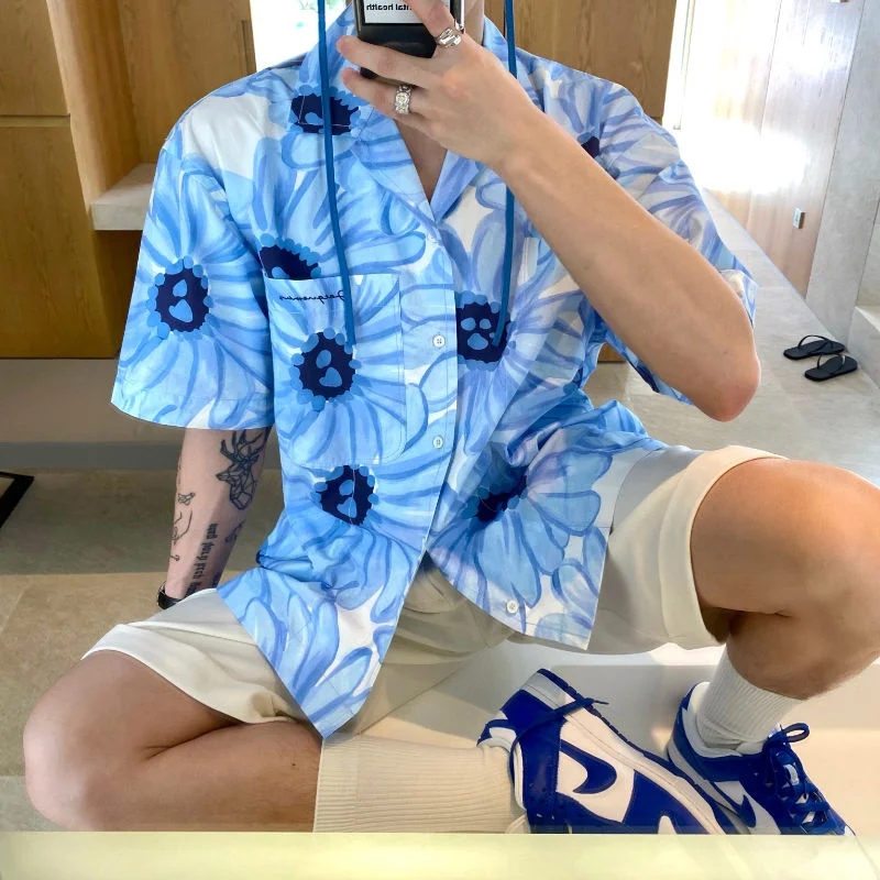 

Daisy Full Print Beach Shirts for Men Couple Loose Breathable Button Up Shirt Women 2022 Summer Short Sleeve Blue Casual Shirts