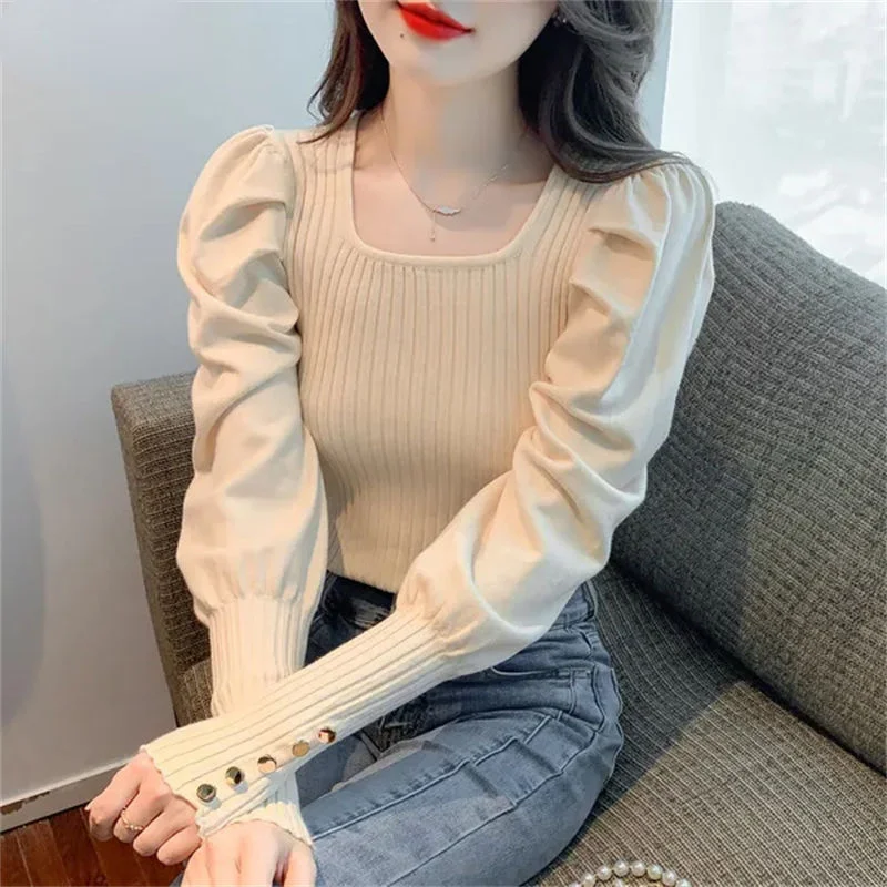 

Square Collar Fall Women Knitted Pullover T-shirts Long Sleeve Slim Blouses Sexy Knitting Shirring Tops Blusa T15