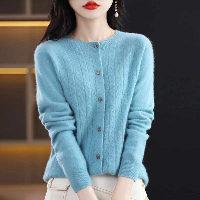 단색 루즈 100 순모 가디건, 봄 및 가을, 첫 번째 라인, 준비된 착용 코트, 여성 트위스트 꽃 기질 니트