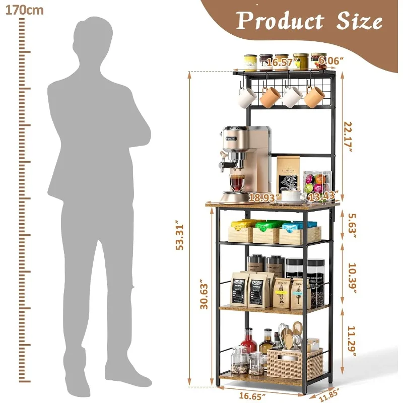 5 Tier Coffee Bar Station, Coffee Stand Station with 4 S-Shaped Hooks, Farmhouse Corner Coffee Bar Cabinet for Small Spaces, 2