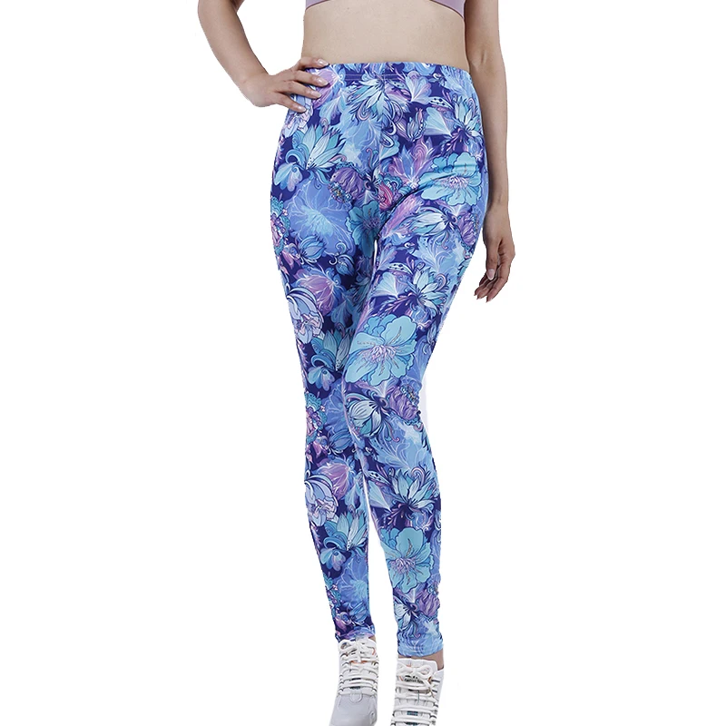 PD319 Blue Petal Flower Leggings Outdoor Sports Cropped Stretch Pants 3