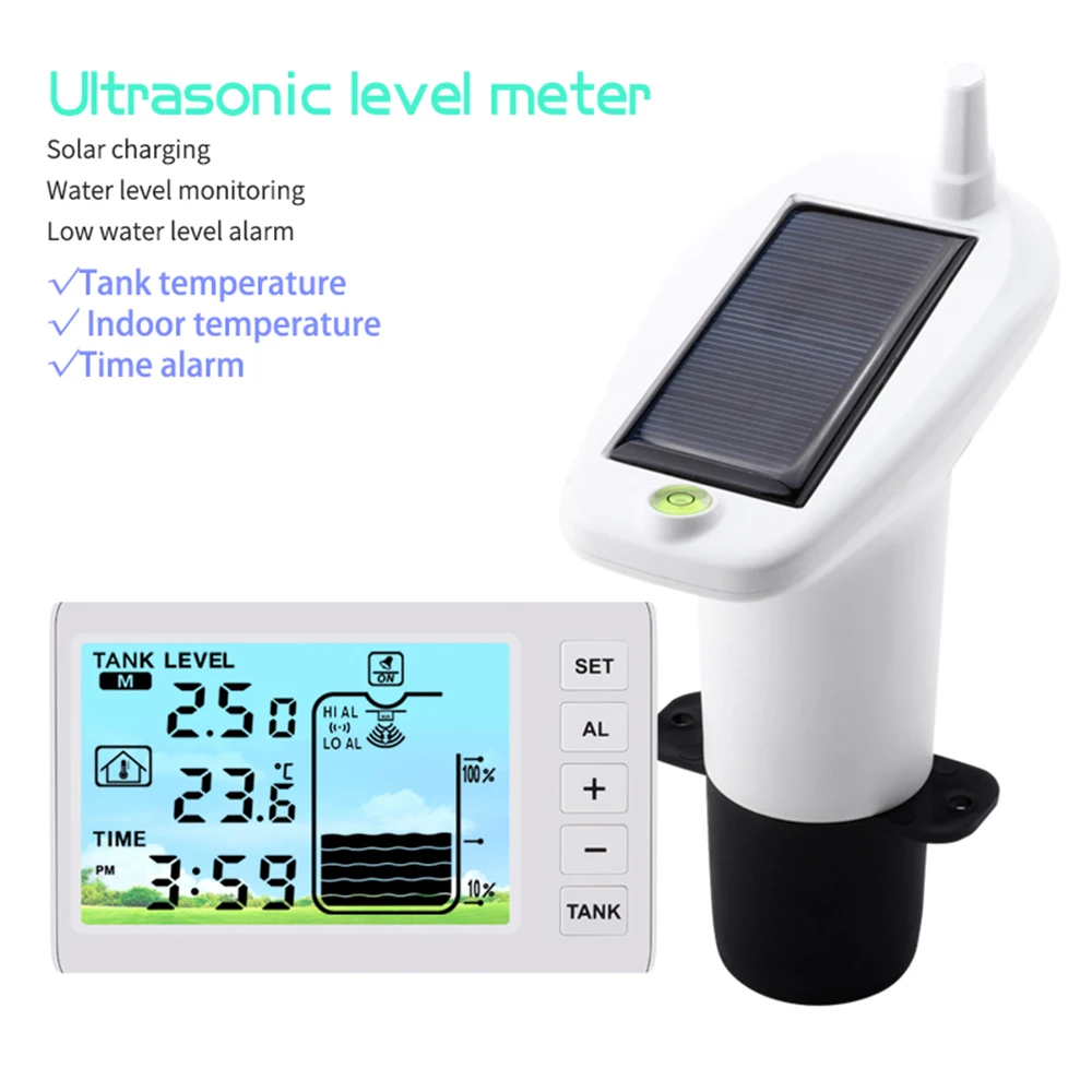 Ultrasonic Wireless Water Tank Liquid Level Meter With Solar Temperature Sensor 1-5Meters Level Monitor Time Display Smart Alarm