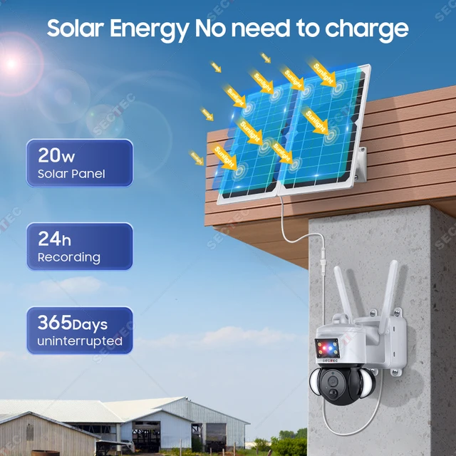 SECTEC 20W Solar Battery Red Blue Alarm Floodlight PTZ Camera Outdoor Wifi Solar Security Camera Home Surveillance 4G Sim Camera 2