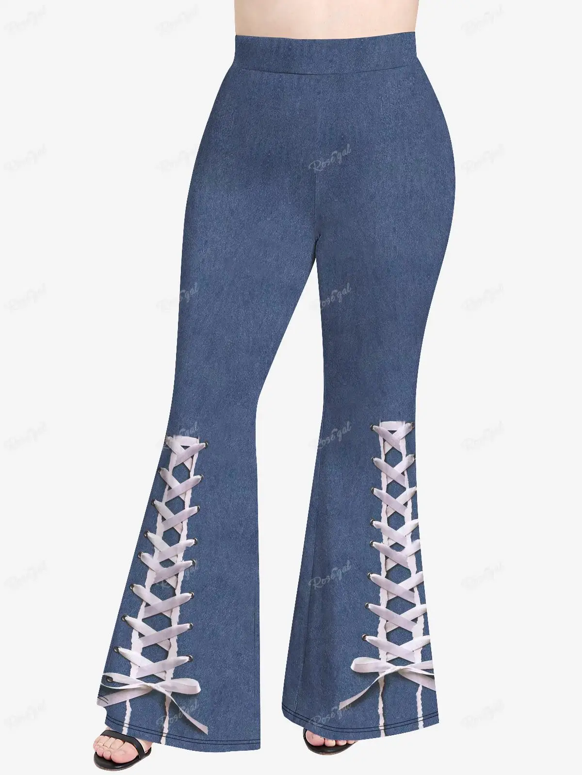 ROSEGAL Plus Size 3D Jeans Print Flare Pants Women Spring,Summer Elastic Waist Casual Trouser Mujer XS-5X Streetwear Bell Bottom