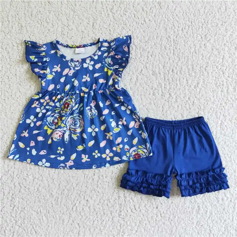 

RTS Toddler New Summer Ruffles Blue Flower Small Flying Sleeve Top Blue Shorts Set Wholesale Boutique Outfits Clothing Sets