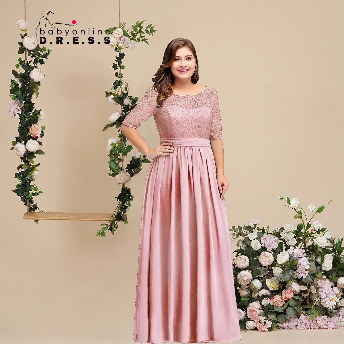 

BABYONLINE Elegant Long Prom Dress with a 3/4 Aleeved Chiffon Dress with Lace Bodice Illusion Sleeve Zip up Back Formal Party