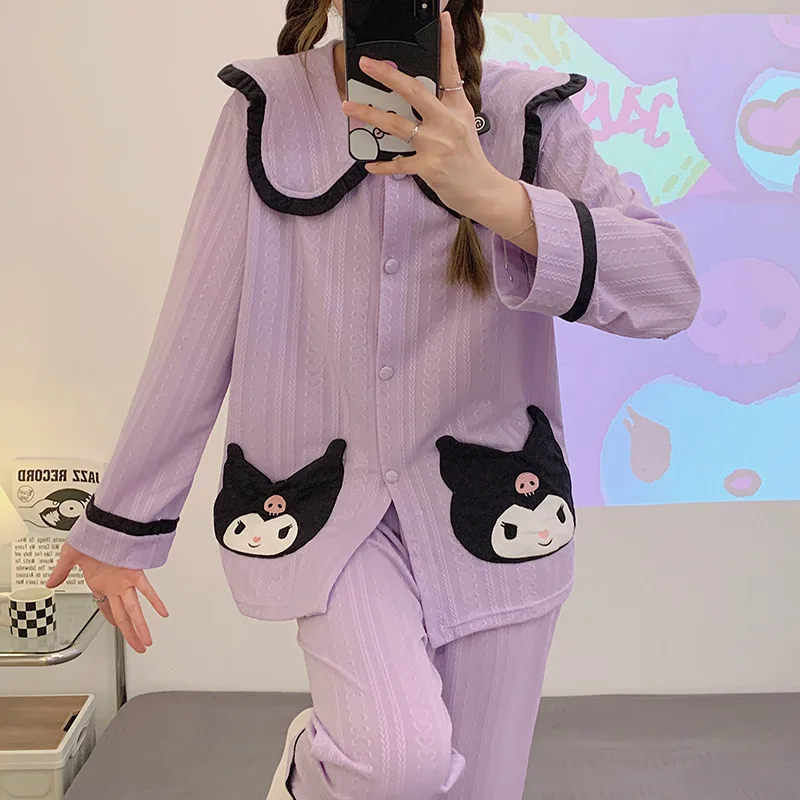 Pajama Women's Jacquard Cartoon Lapel Cardigan Korean Version Long Sleeved Sweet Home Outfit Set