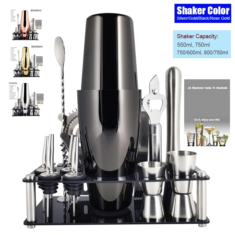 Cocktail Shaker 13Pcs 750/600/800ml Boston Cocktail Shaker Stainless Steel Mixer Bartender Tools Bar Set Cocktail Recipe With Wine Stand