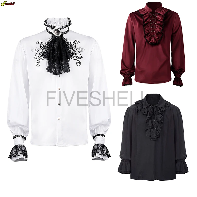 

Medieval Costumes Men's Shirts Turtlenecks Vintage Bandage Victorian Ruffles Gothic Male Jabot Blouse Tops Groom Casual Outfit