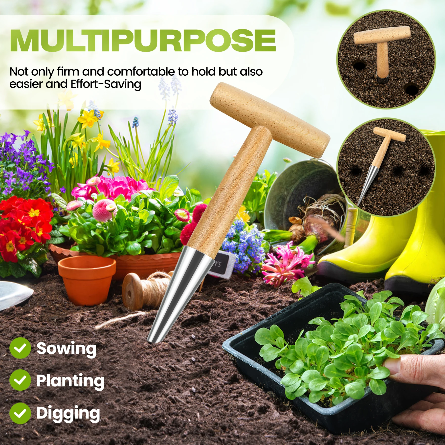 Garden Migration Loosen Soil Accessory Durable Plant Stainless Steel Sow Dibber Hole Punch Wood Handle Practical Outdoor Tools