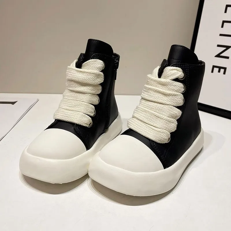 2023 Autumn/Winter Korean Edition Children Ankle Boots for Kids Girls Black High Top Sneakers Platform Fashion Lace Up Boots
