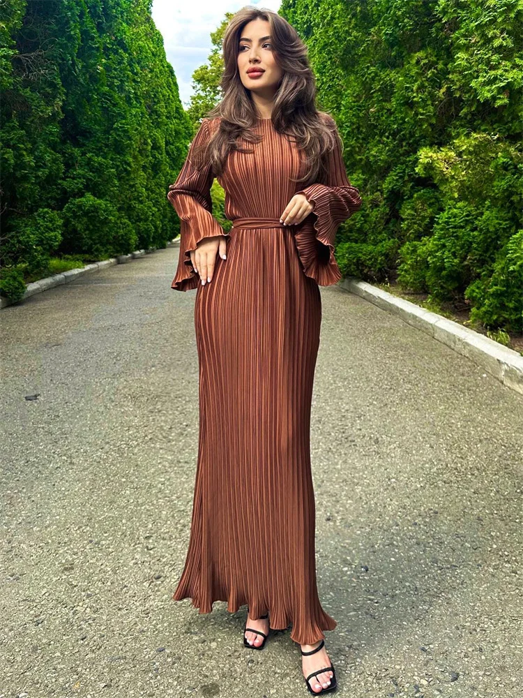 Vestido largo acanalado con volantes y cordones para mujer, manga larga, cintura alta, elegante, para fiesta, otoño, estilo vendaje