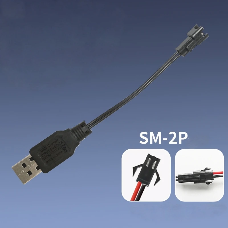 Vue d'ensemble du câble de charge pour batterie RC Li-ion 3.7V 7.4V, longueur 45cm, avec étiquettes.