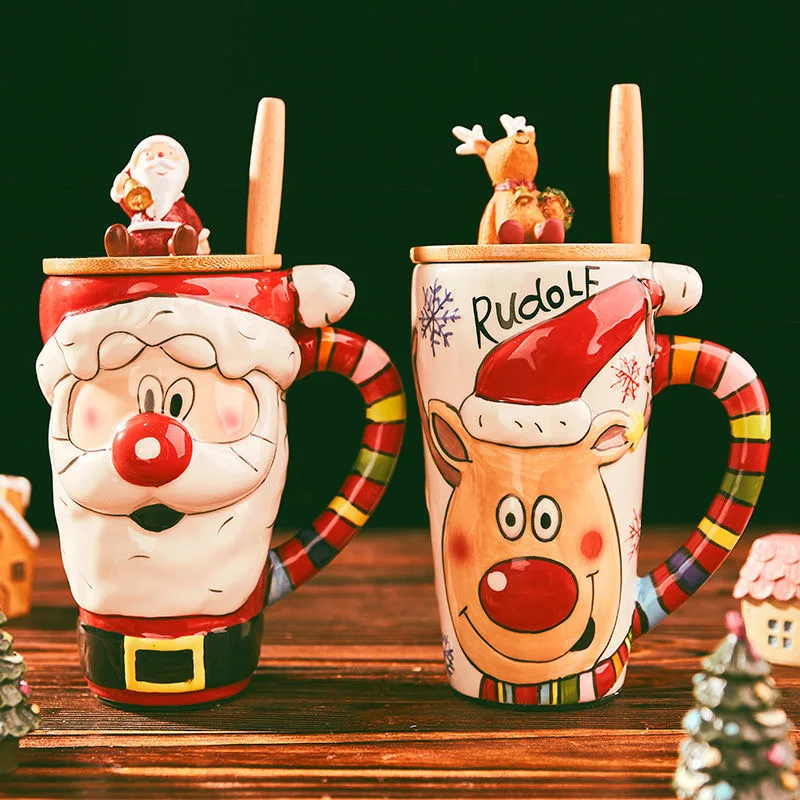 

Creative 3D Christmas Santa Claus Hand Paint Ceramic Mug with Lid Spoon Milk Coffee Household Water Cup Cartoon Christmas Gifts