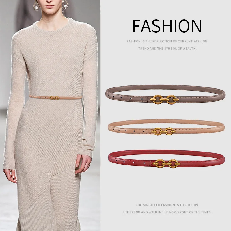 Women Belt Genuine Leather Dress Skirt Waist Elastic Thin Belts Ladies Waistband for Coat with Gold Buckle Luxury Strap Female